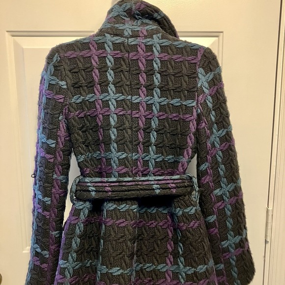 Sunner‎ Tweed Sz XS 2/4 Black Purple Green 100% Wool Mid-Length Coat Women's - Picture 2 of 11